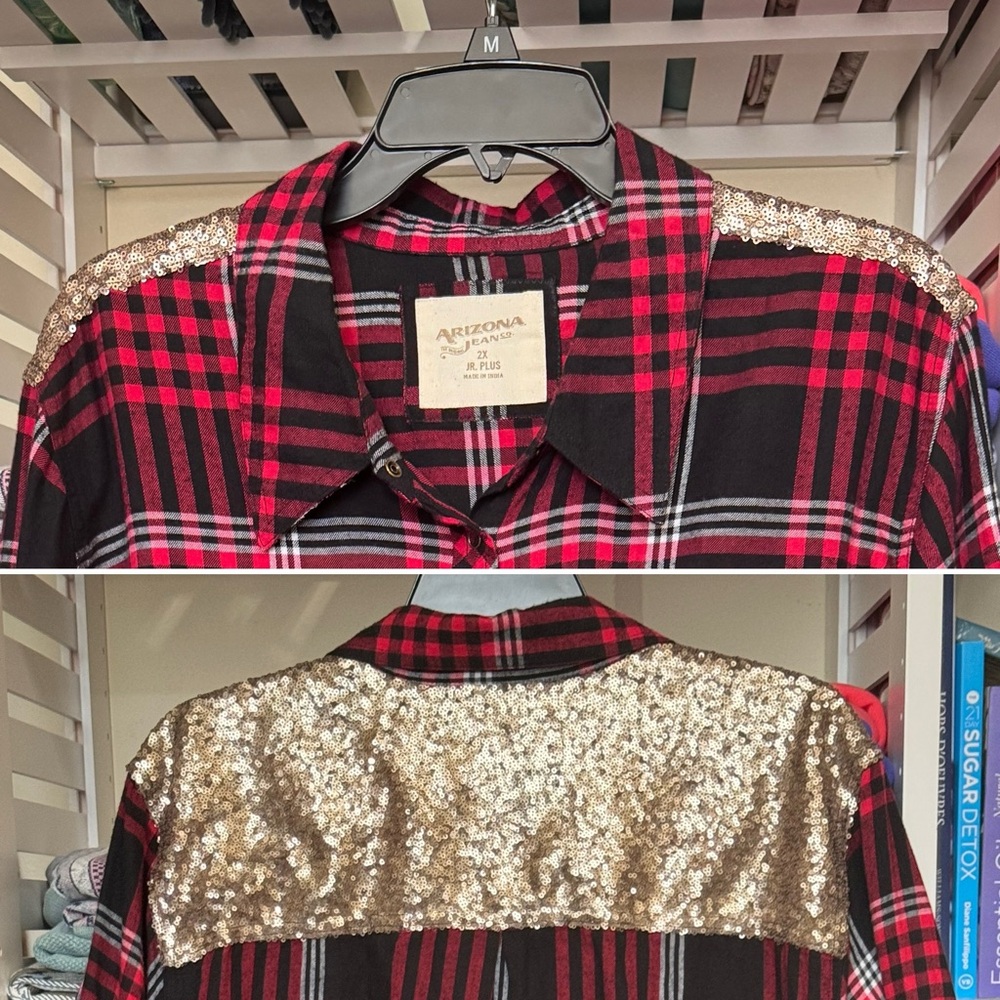 RED PLAID SEQUIN FLANNEL. JUNIOR PLUS LONG SLEEVE LIGHTWEIGHT SPARKLY SHIRT. NWT - Picture 2 of 16